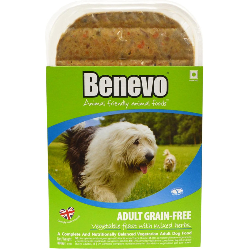 pâté vegan pour chien légumes et herbes benevo 395g