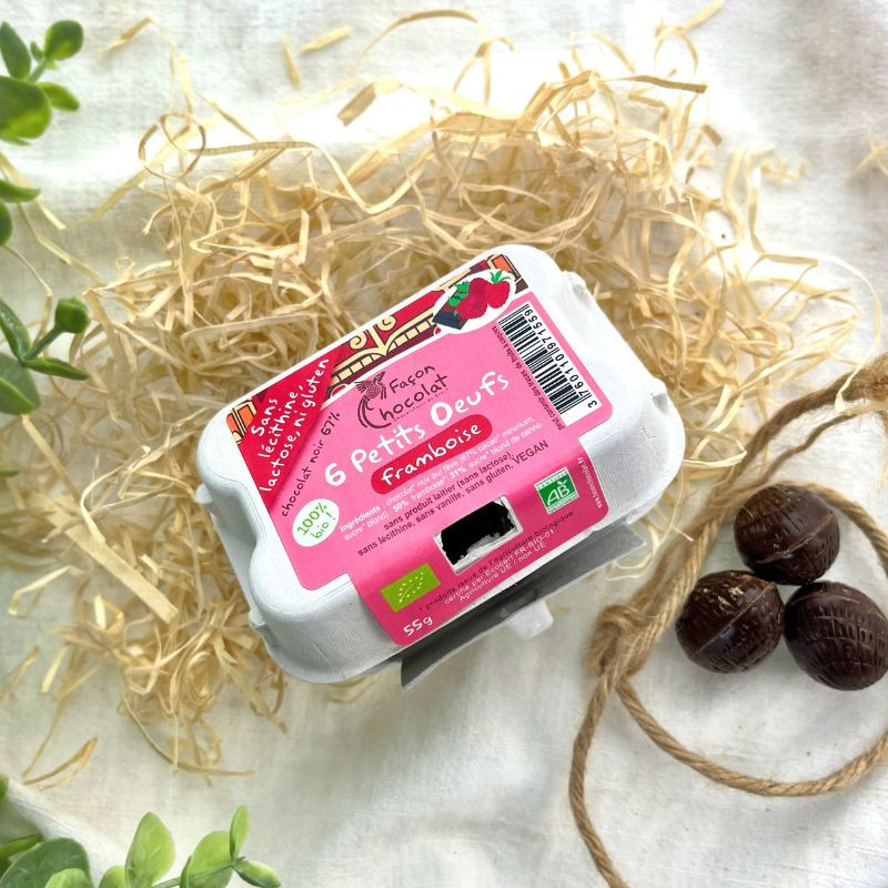 boite 6 petits oeufs de pâques framboise façon chocolat 55g