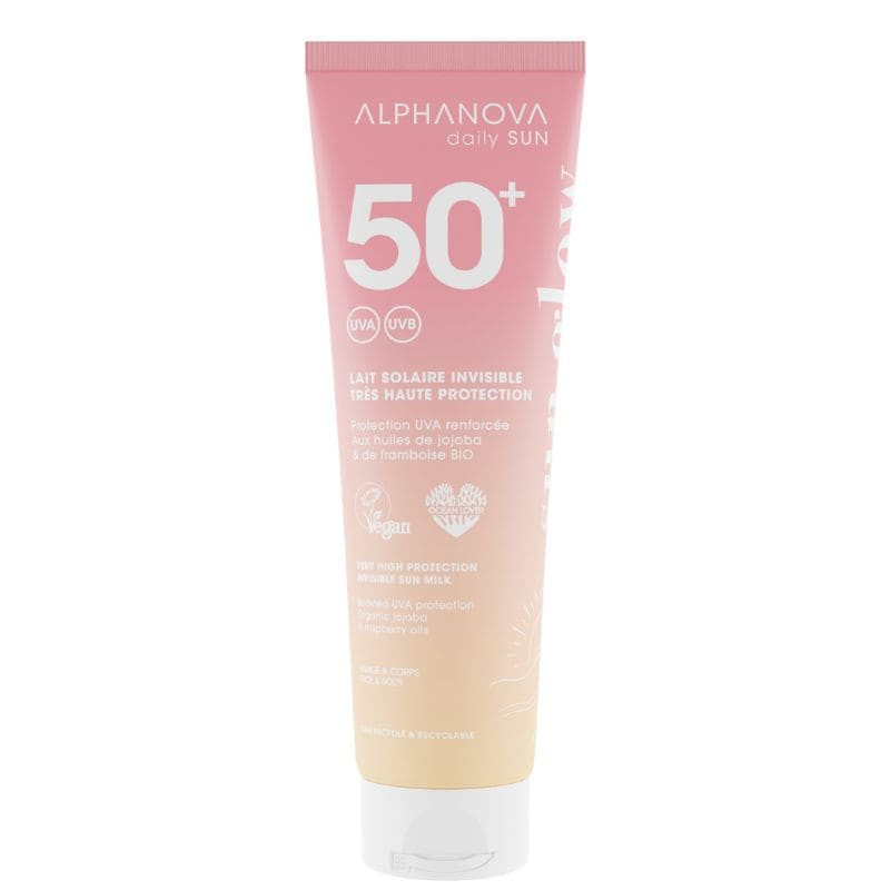 lait solaire invisible tres haute protection alphanova daily sun 150ml