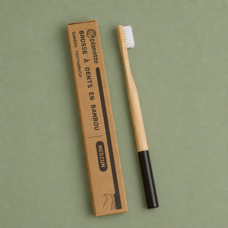 brosse a dent bambou poil medium manche-noir planette