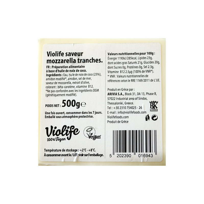 violife mozzarella tranches 500g valeurs nutritionnelles	