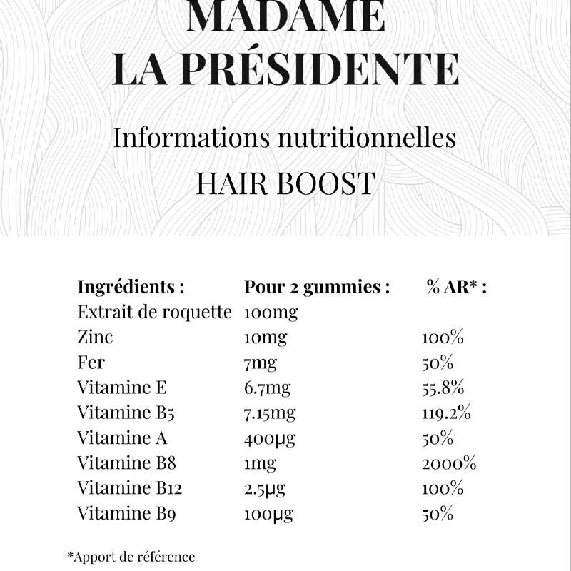 informations nutritionnelles gummies cheveux boost Madame la Présidente